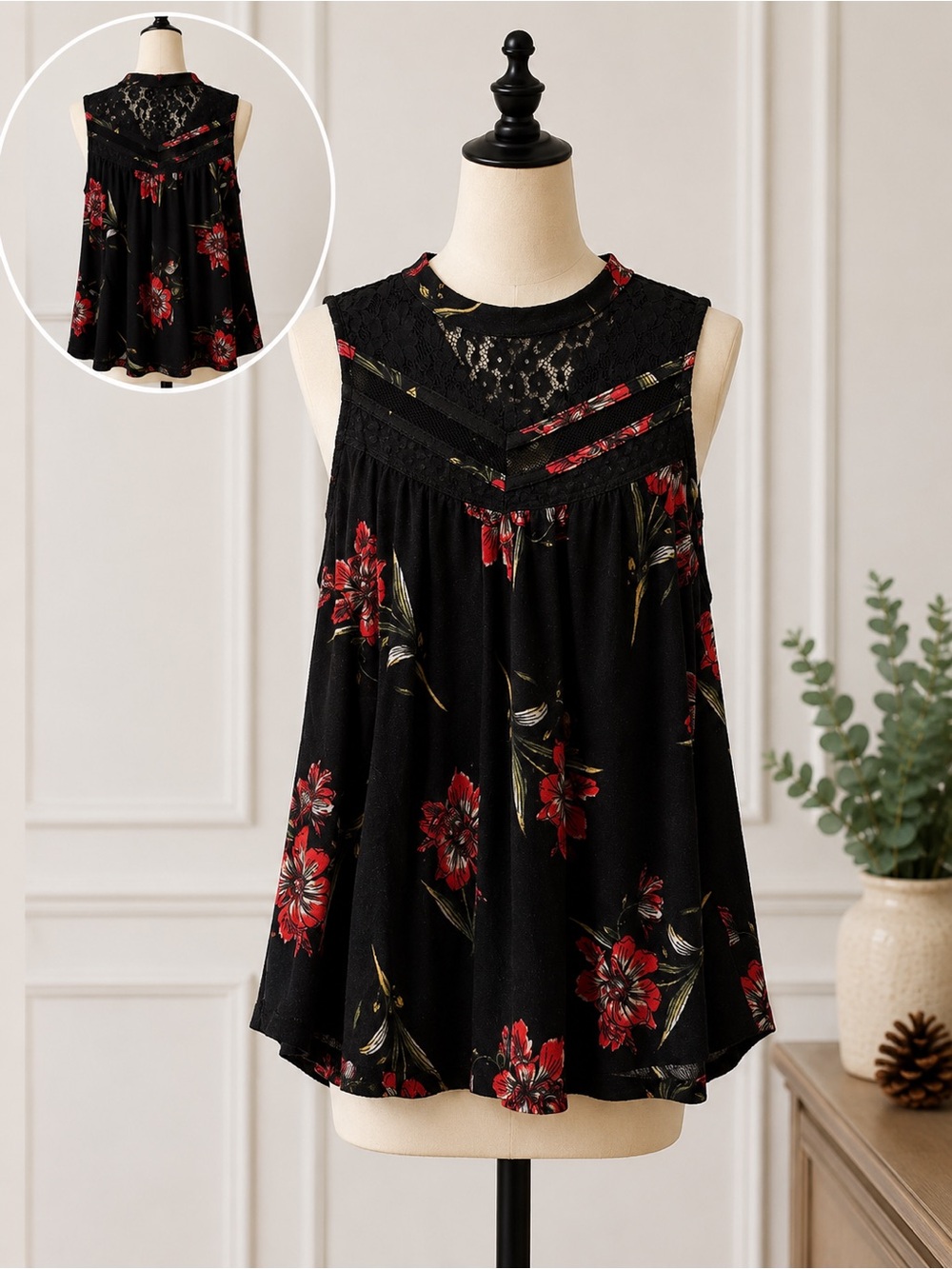 Massini Black Red Floral Lace Yoke Camisole